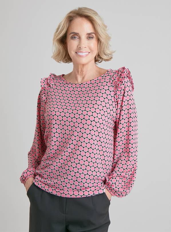 Pink Geo Floral Ruffle Shoulder Blouse - 12